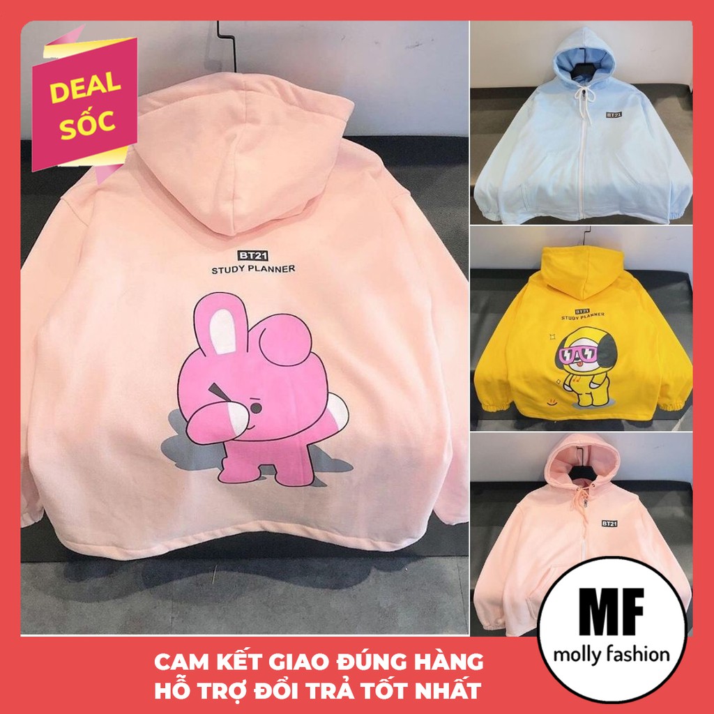 Áo khoác Hoodie nỉ nam nữ form rộng BT 21 Freesize mặc vừa từ 40-65kg Molly Fashion