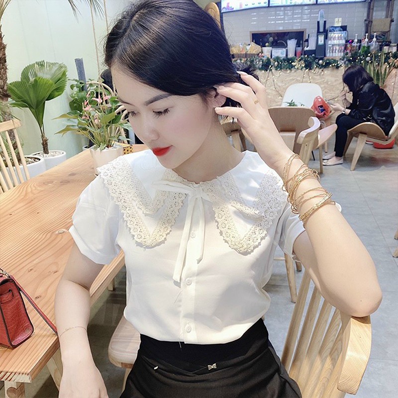 Áo Sơ Mi Nữ Kiểu Ngắn Tay Cổ Tròn Ren 2 Tầng - Màu Trắng Be Nâu Vàng Đỏ Xanh Đen Hồng - Hanlly Fashion Thời Trang - A17