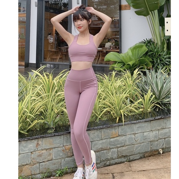 Đồ tập thể thao gym yoga nữ, set bộ lead áo bra kèm mút quần dài có túi cao cấp Bin Sport BD158