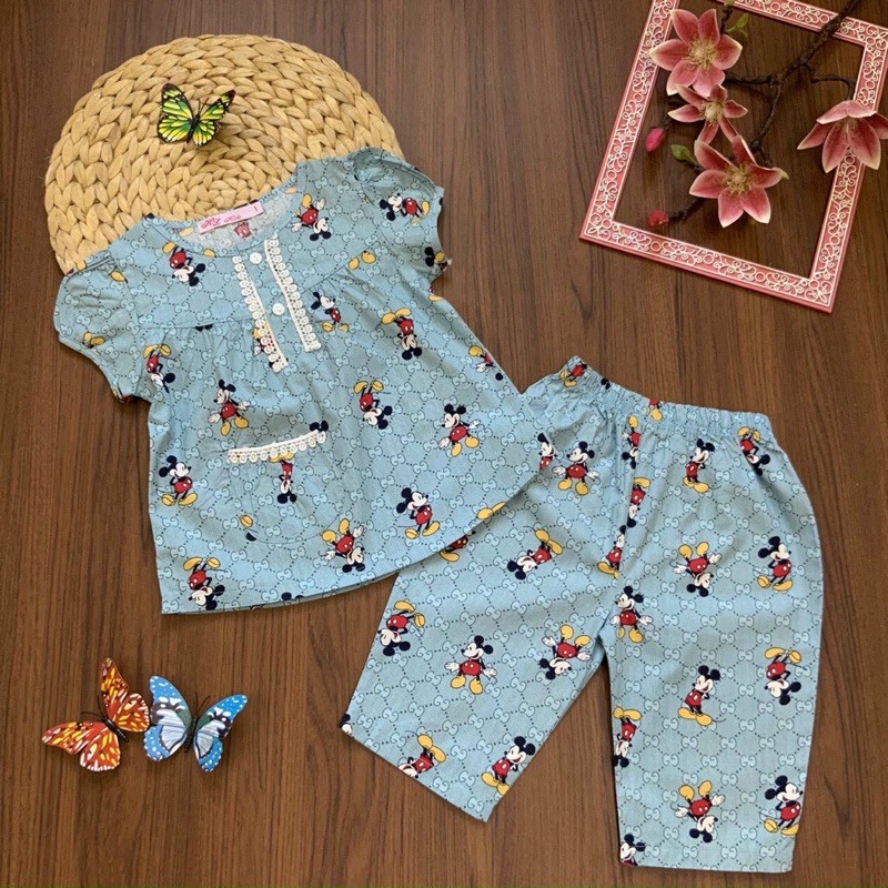 Đồ bộ pijama mặc nhà cánh tiên lửng hoạ tiết mickey cho bé gái 12-32kg - Hirokids