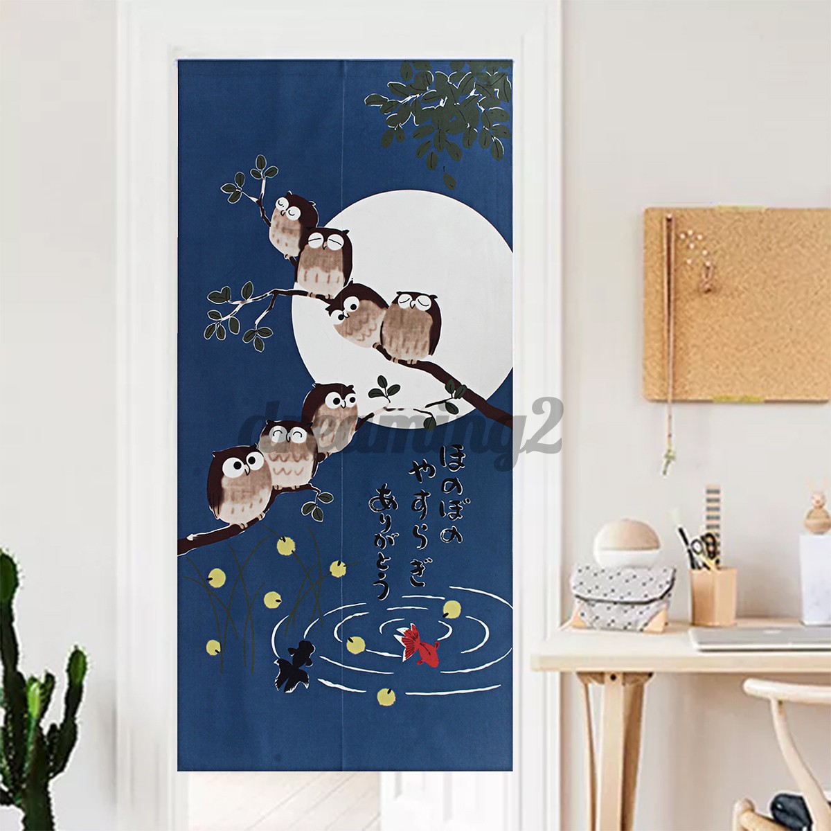 Rèm Cửa 85x180cm In Hình Chim Cú Và Mặt Trăng Phong Cách Nhật Bản