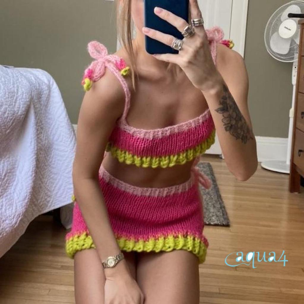 Bộ Áo Croptop Dệt Kim + Chân Váy Mini Hai Dây In Khối Màu Sắc Ngọt Ngào Thời Trang Mùa Hè Cho Nữ Y2K E-Girl 90s
