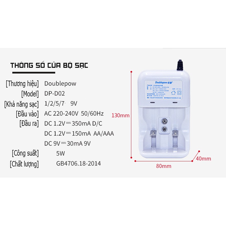 Bộ sạc pin đại, tiểu đa năng (D,C, AA, AAA, 9V, số 1, 2) Doublepow - DP-D02