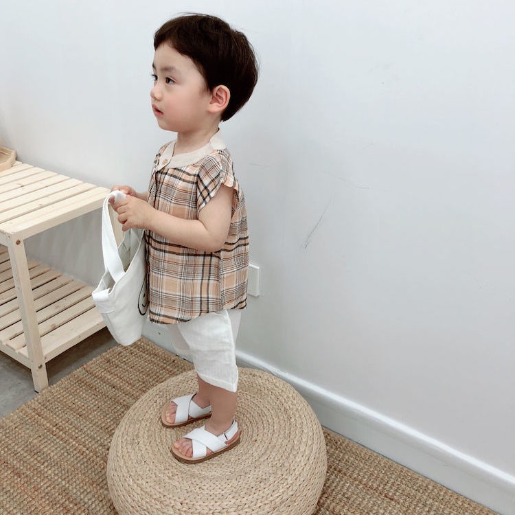 [Babycat] Áo Sơ Mi Mỏng Không Tay Kẻ Sọc Caro Phong Cách Nhật Bản Hàn Quốc Thời Trang Mùa Hè Cho Bé Trai