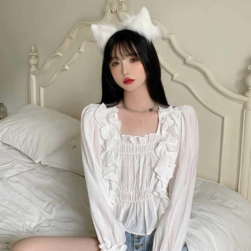 Áo Sơ Mi Chiffon Tay Dài Cổ Vuông Màu Sắc Ngọt Ngào Phong Cách Hàn Quốc Cho Nữ