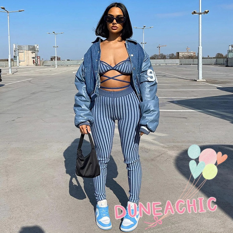 Set đồ DUNEA gồm áo tanktop họa tiết kẻ sọc và quần skinny thời trang dành cho nữ