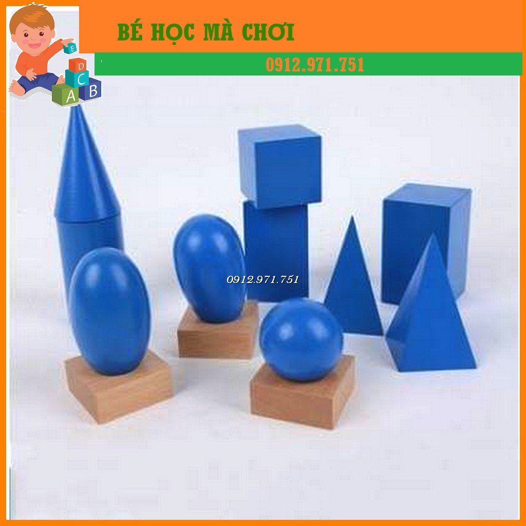 Hộp đựng các khối hình học màu xanh Montessori