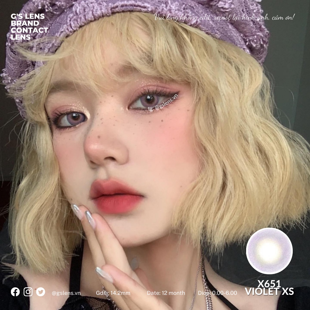 Lens Mắt Kính Áp Tròng Tím Tây Sáng Không Giãn X651 Violet Có Từ 0 Đến 6 Độ Lệch Độ Size Xs 14mm