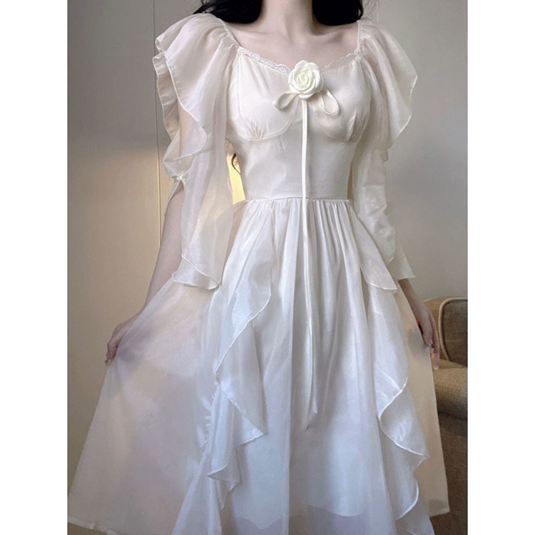 Đầm Chiffon Phối Bèo Màu Trắng Thời Trang Mùa Hè Cho Nữ