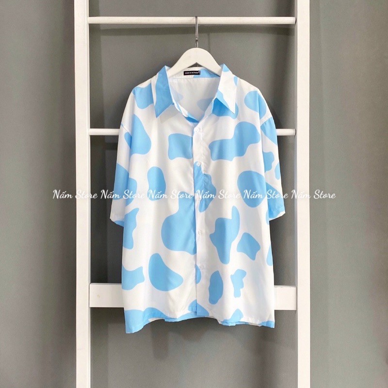 Áo sơ mi in hoạ tiết bò sữa màu xanh, tím, trắng dáng rộng tay lở hottrend 2021 Unisex Nam nữ