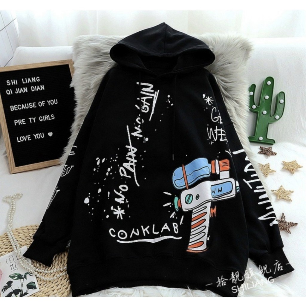 Áo Khoác Nữ HOODIE Chất Nỉ Form Rộng Hai Dây Không Khoá Kéo Trắng Và Đen