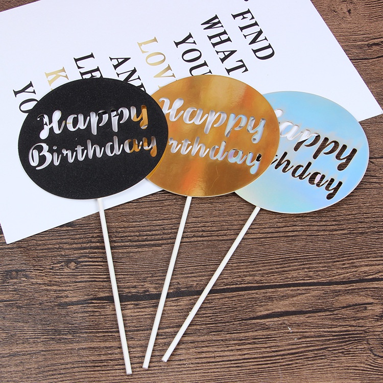 Phụ kiện cắm trang trí bánh kem hình tròn in chữ Happy Birthday lấp lánh thời trang DIY