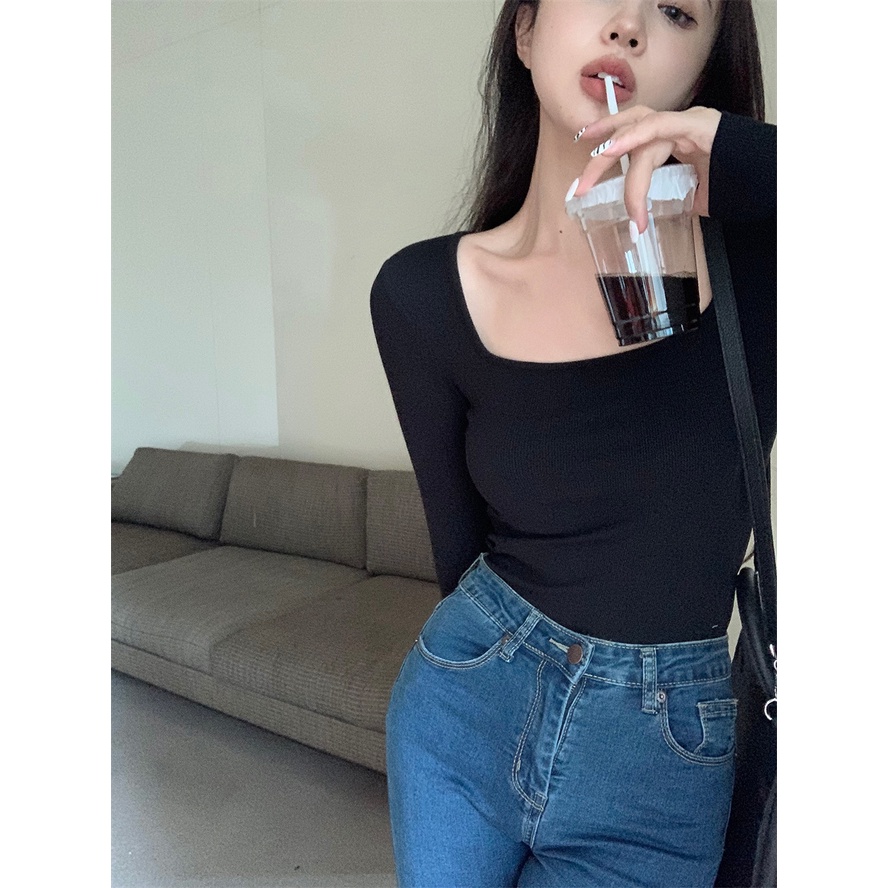 Áo Thun Dệt Kim Tay Dài Cổ Vuông Thời Trang Hàn Quốc Dành Cho Nữ