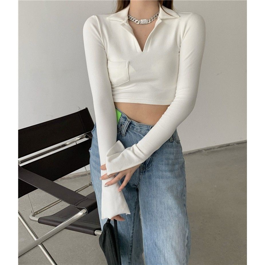 [ORDER] Áo thun croptop cổ đức tay dài dáng lửng sexy nữ tính ulzzang - Có ảnh thật