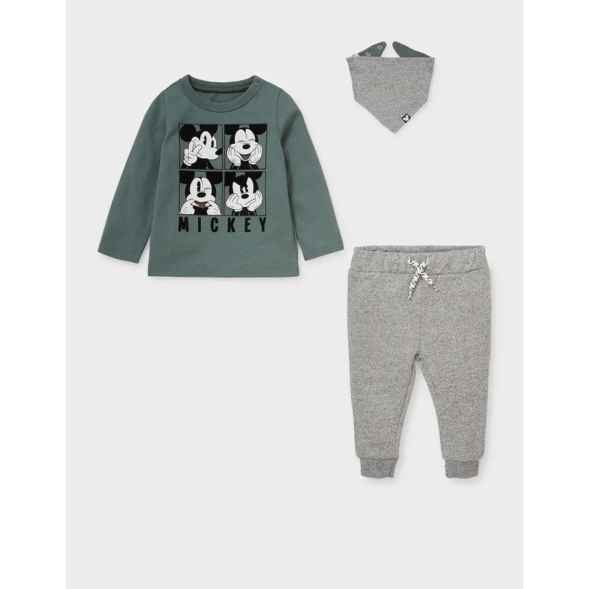 B419 - Bộ 3 chi tiết áo mickey xanh kèm quần muối tiêu bé trai ( tặng kèm khăn)