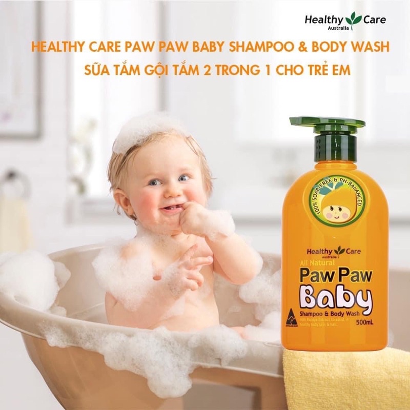 Sữa tắm gội Healthy Care Paw Paw Baby tinh chất đu đủ lành tính, hỗ trợ phòng chống rôm sảy, viêm da ở trẻ sơ sinh