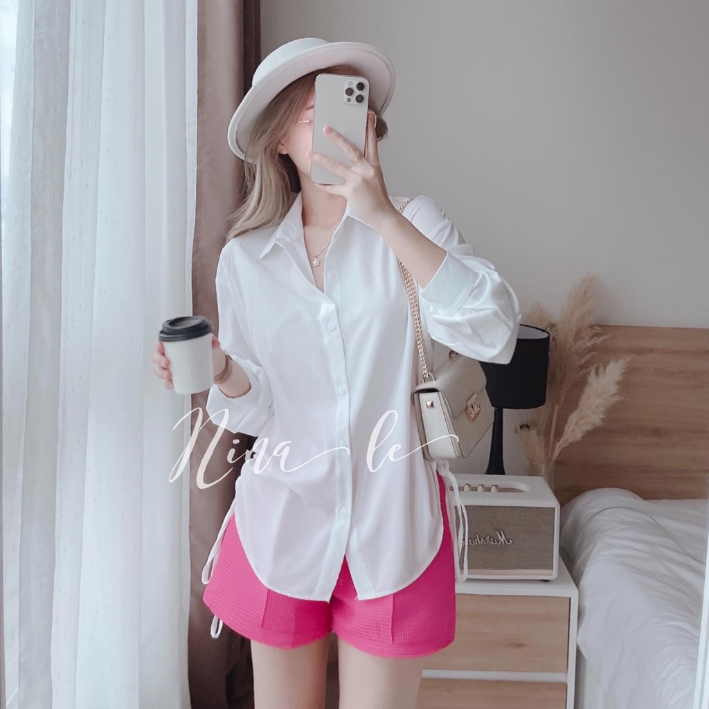 Sét bộ sơ mi dài tay rút dây (Trắng, Hồng) phối quần đùi xinh xắn thời trang nữ đi chơi, đi biển