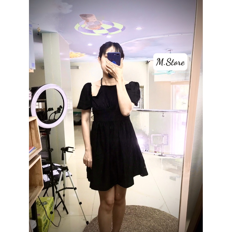 Váy nữ cổ yếm buộc dây trễ vai tay phồng,đầm dự tiệc màu đen trắng dáng xòe phong cách bánh bèo tiểu thư hottrend_Mstore