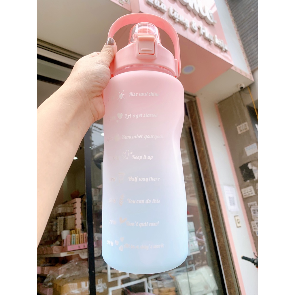 Bình nước 2 lít tặng Sticker dán dành cho người lười uống nước Mimoquatangphukien bình nước cute 2L có ống hút, vạch chi