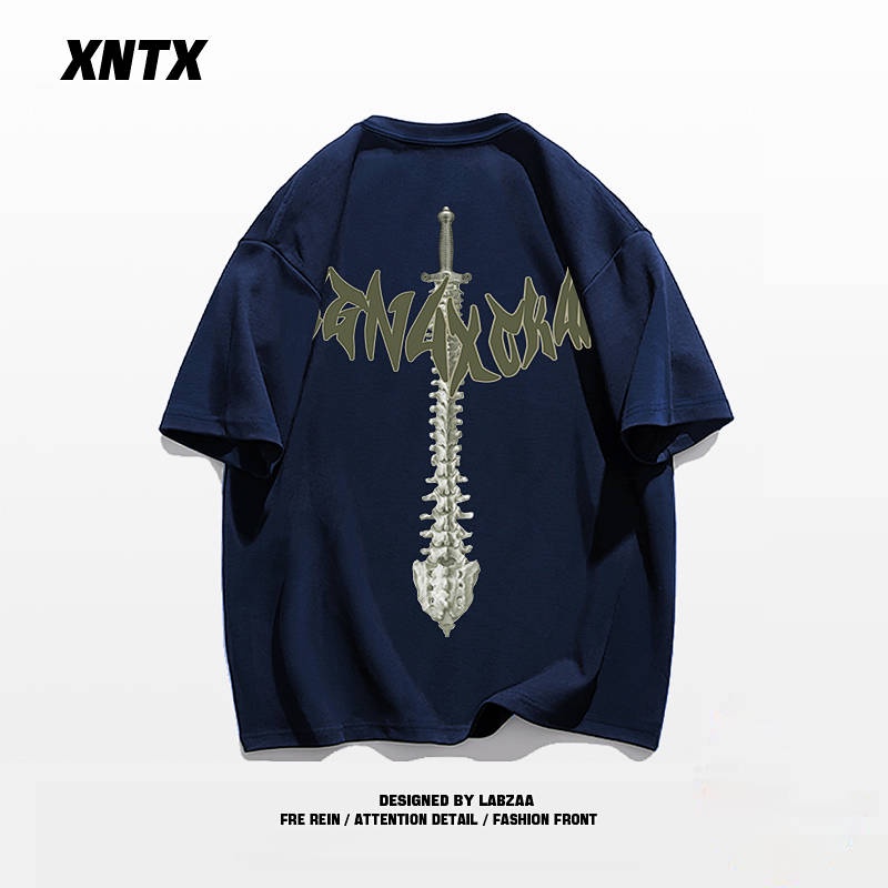 Áo thun cotton dáng rộng tay ngắn họa tiết chữ phong cách hiphop Mỹ thời trang dành cho nam V5ns