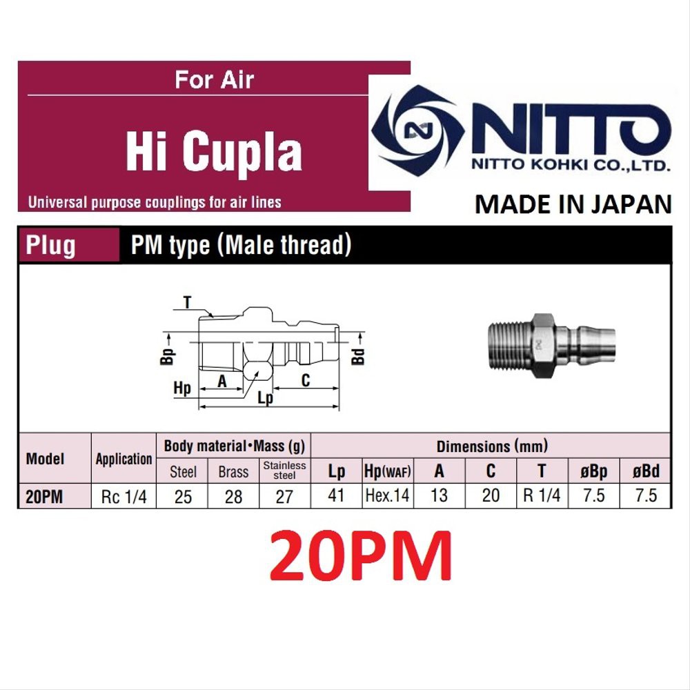 Đầu nối nhanh (đầu đực) khí nén Nitto 20PM ren 1/4 inch - Made in Japan