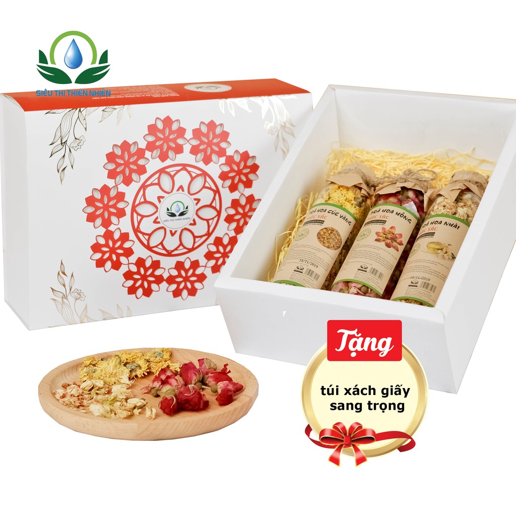 Set quà 5: trà hoa hồng, cúc vàng bông, hoa nhài Mộc Sắc cao cấp của Siêu thị thiên nhiên