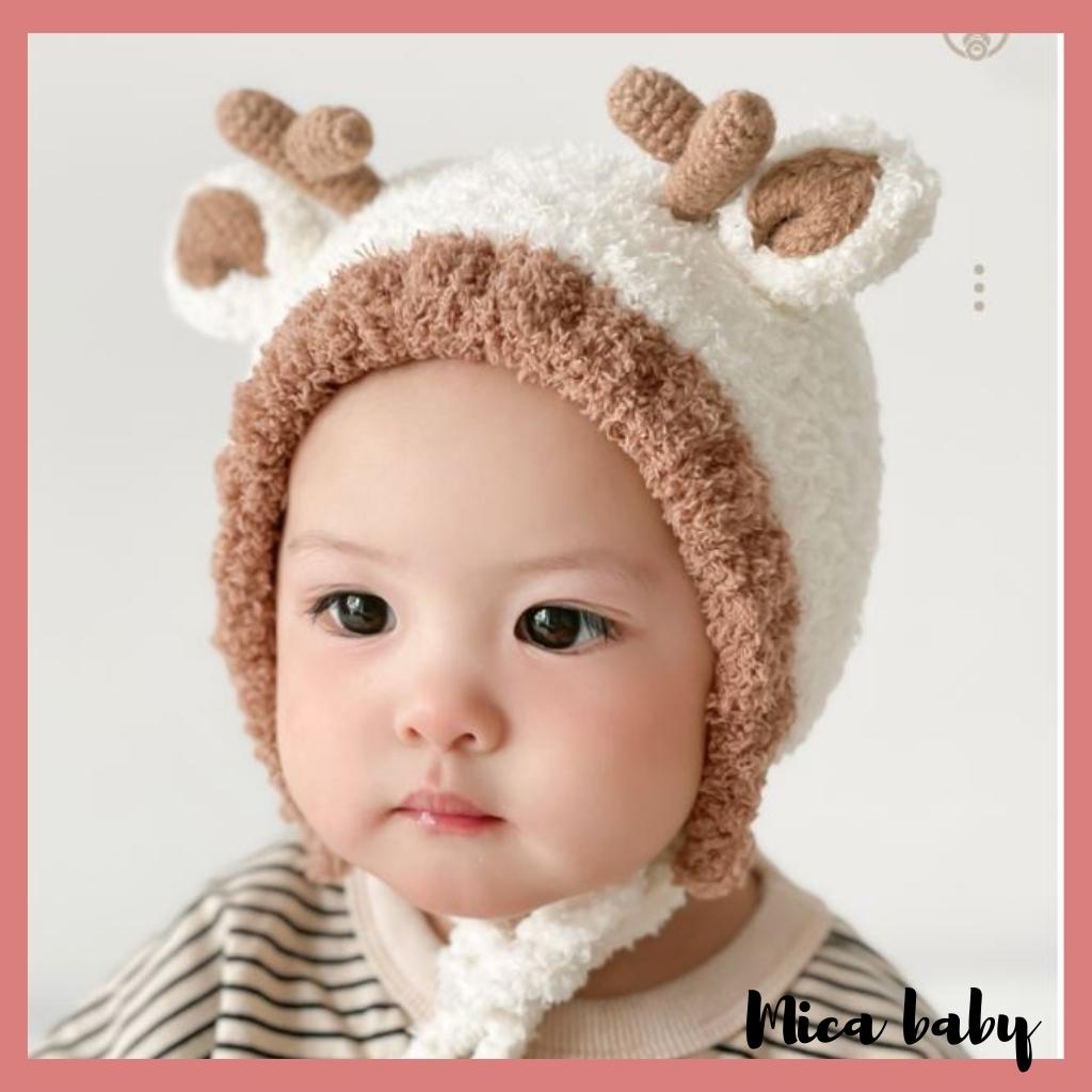 Mũ len lông cao cấp buộc dây kiểu dáng gạc nai đáng yêu cho bé ML195 Mica baby