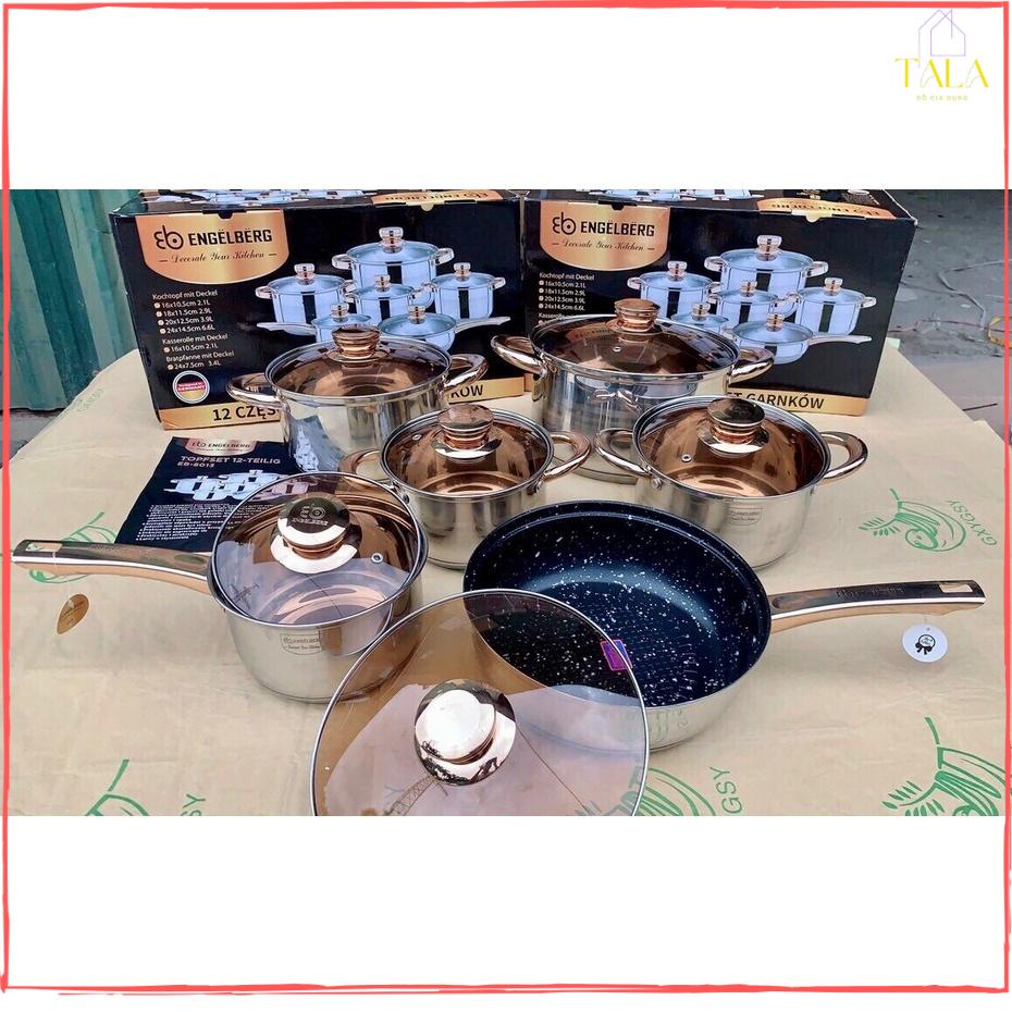 BỘ NỒI ĐỨC 6 MÓN 12 CHI TIẾT ENGELBERG- 5 ĐÁY - ĐUN ĐƯỢC TỪ, HỒNG NGOẠI, GAS..