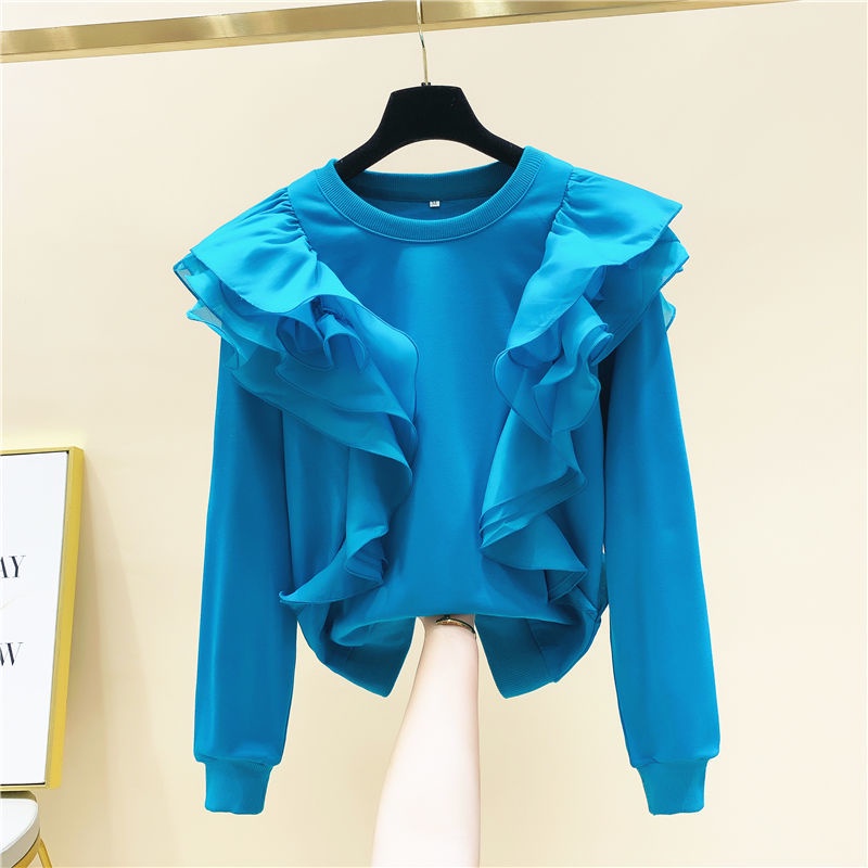 Áo sweater cổ tròn tay dài phối lưới thời trang mùa thu phong cách Hàn Quốc mới dành cho nữ 2021