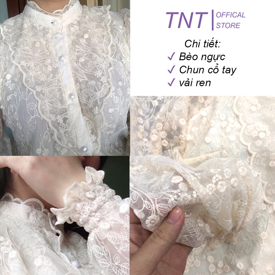 Áo sơ mi nữ ren bèo ngực dài tay đẹp hai lớp dáng suông cổ tròn trắng be đi làm đi chơi TNT