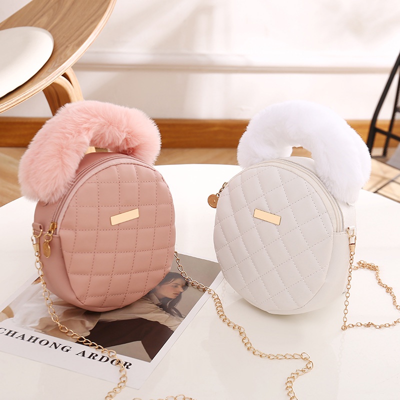 Túi Đeo Chéo Mini Hình Tròn Phủ Lông Thêu Họa Tiết Thời Trang Sang Trọng Cho Nữ