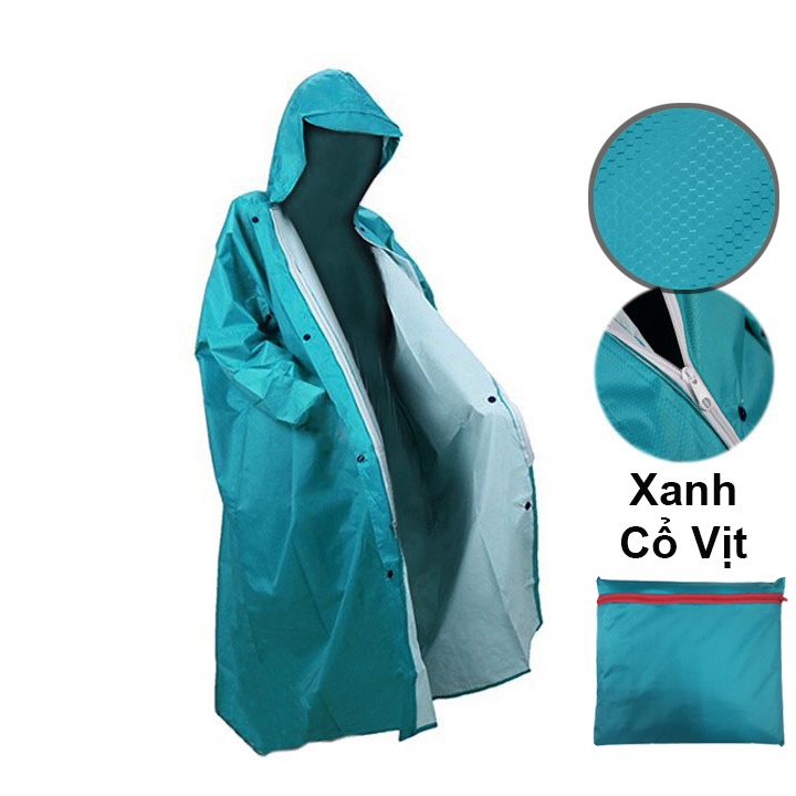 Áo mưa người lớn, ao mua măng tô, raincoat dây kéo vải Da Cá có túi đựng, không xẻ tà, Kín Người xé không rách...