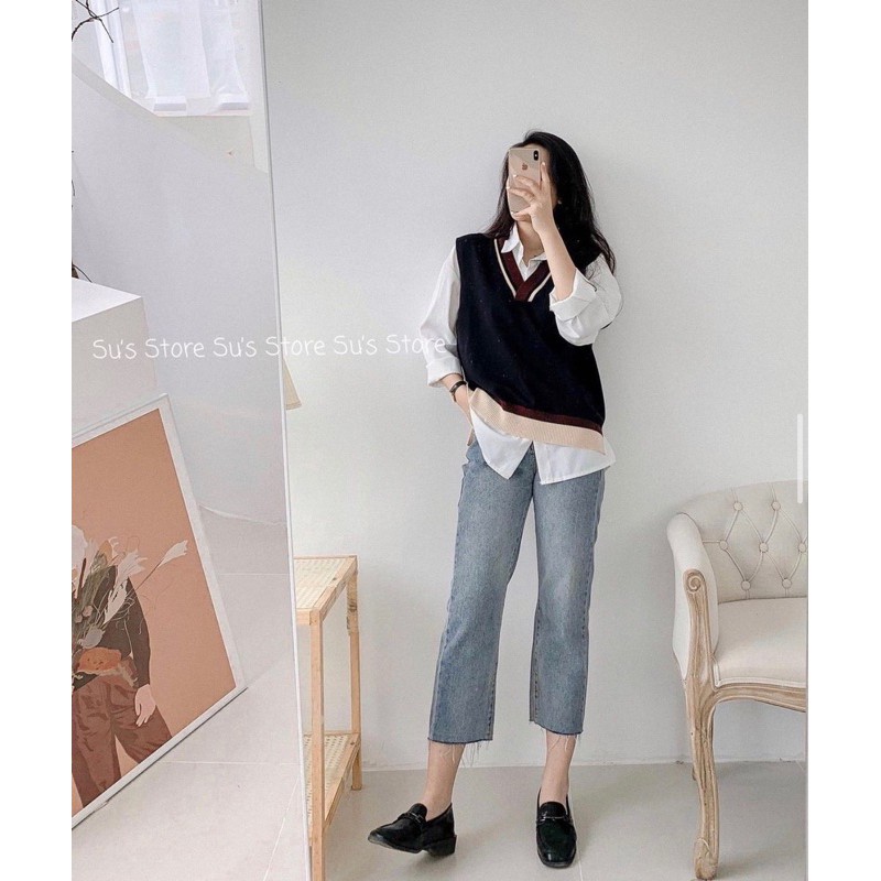 Áo gile len cổ tim kẻ cao cấp