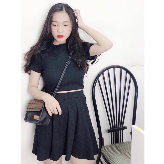 Set Áo Croptop Tay Ngắn + Chân Váy Xoè (Kèm Ảnh Thật) - SD07