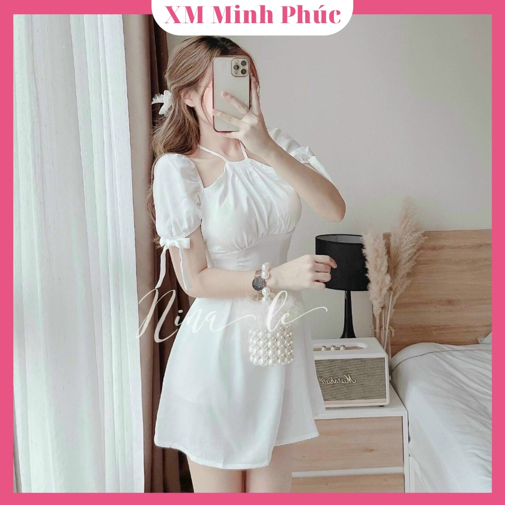 Đầm Cổ Yếm, Đầm Dự Tiệc Tay Ngắn Phối Nơ  Sẵn 3 Màu Đỏ, Trắng, Xanh Dáng Xòe Nữ Tính Thời Trang Nữ Xm Minh Phúc