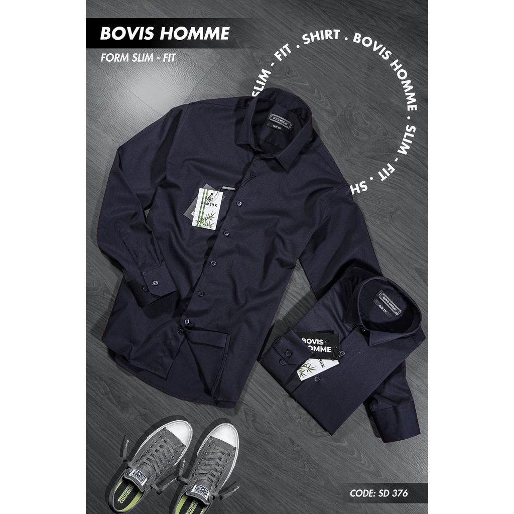 Áo sơ mi nam Bovis Homme tay dài SD376, màu xanh đen, Form slim, chất liệu bamboo, mặt vải mềm mượt, chống nhăn