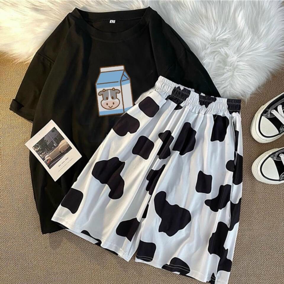 Đồ bộ hoạt hình form rộng Unisex BỘ BÒ SỮA QUẦN TRẮNG Freesize dành cho nam nữ Molly Fashion