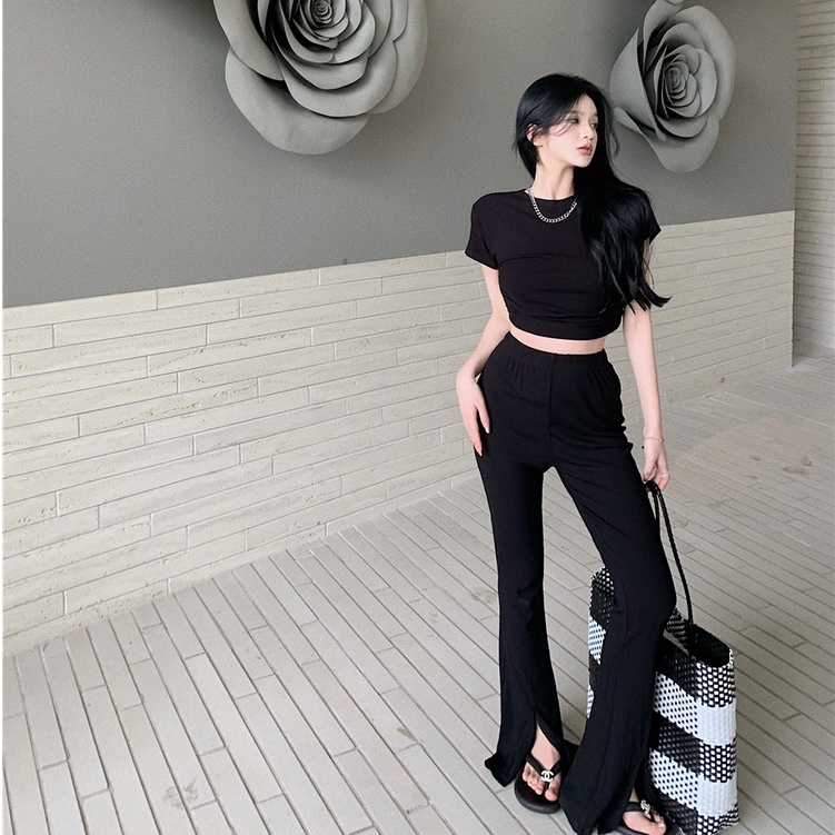 Cocory vn Set Áo Thun Hở Lưng + Quần Dài Ống Đứng Thời Trang Nữ