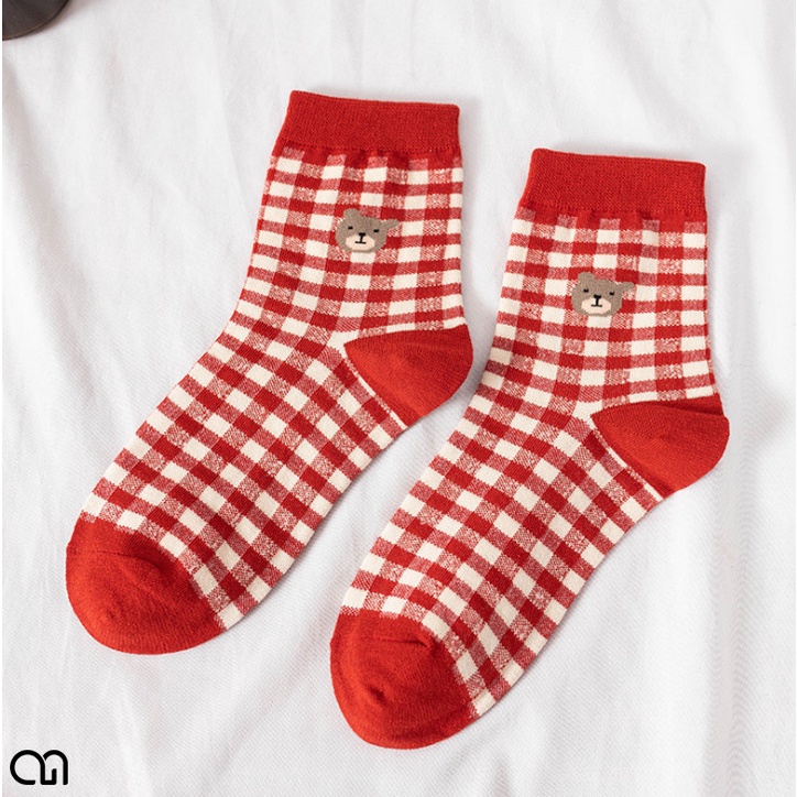 Tất Vớ Cổ Cao Nam Nữ Hoạ Tiết Chú Gấu Và Kẻ Karo Cho Mùa Noel Tết Chất Cotton Dầy Mịn Ấm Áp