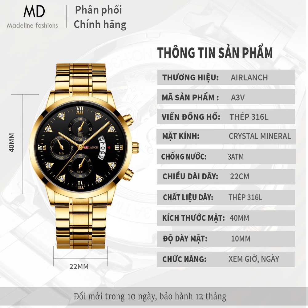 Đồng hồ nam ARLANCH mặt đính đá cao cấp, dây thép không rỉ, chống nước tốt, lên tay sang trọng lịch lãm ( Mã: A3V) ) | BigBuy360 - bigbuy360.vn
