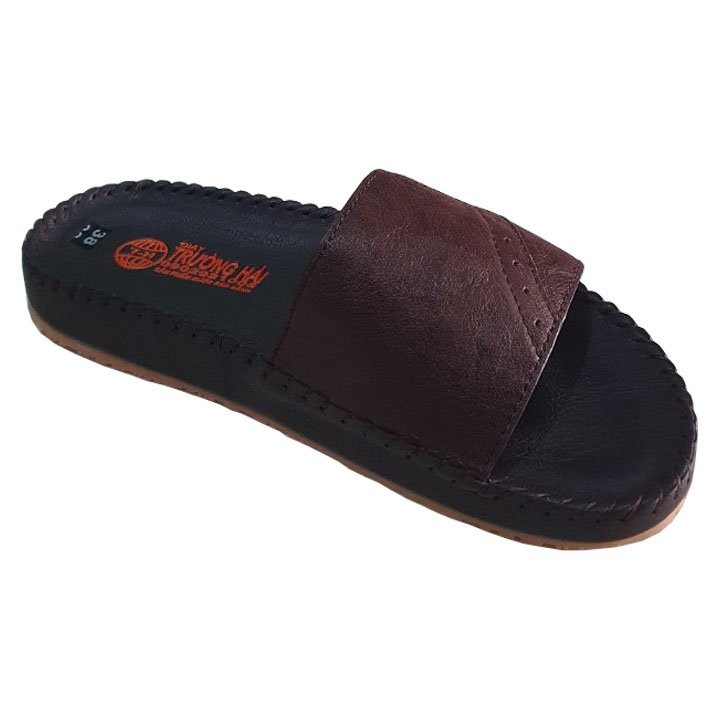 Dép nam quai ngang da bò màu nâu đế cao 3cm Trường Hải may viền chắc chắn DDN134