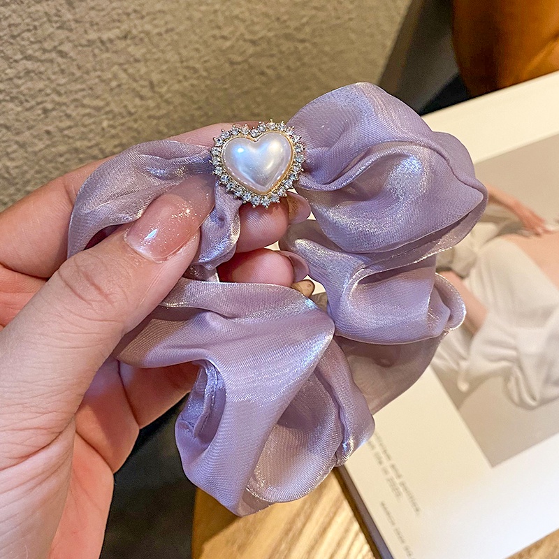 Dây Buộc Tóc Bằng Lụa Đính Ngọc Trai Hình Trái Tim Phong Cách Nhật Hàn Thời Trang Xinh Xắn