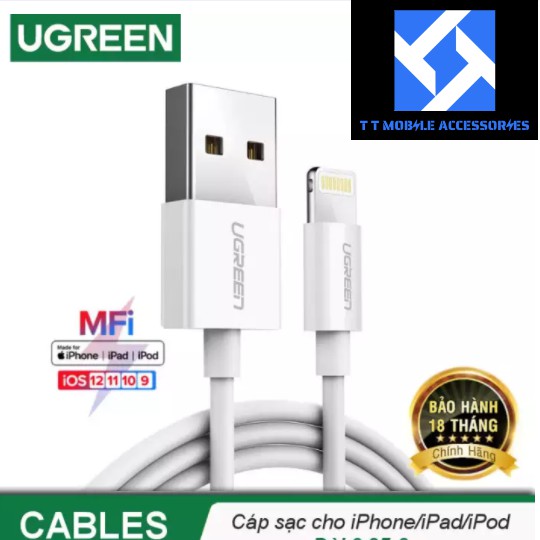 Cáp lightning UGREEN iPad/iPod/iPhone (MFi), 0.5m, màu trắng, 20727, US155, Ugreen VIETNAM, mới 100%, Bảo hành 18 tháng