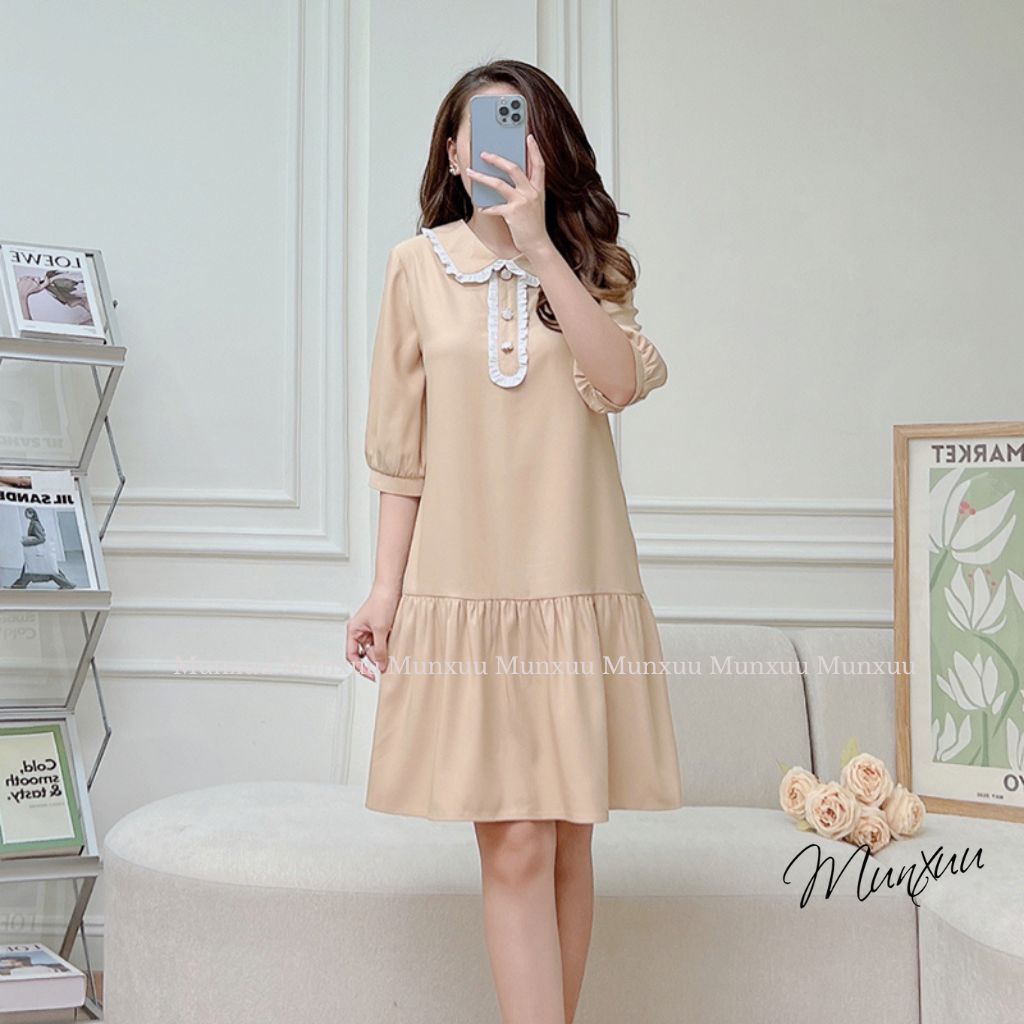 Váy babydoll tay lỡ MUNXUU phối cúc thiết kế màu trơn dáng dài xòe nhẹ nhàng thanh lịch - V13