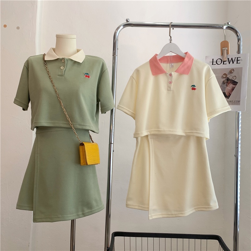 Bộ đồ SUXI gồm áo thun polo ngắn tay và chân váy chữ A lưng cao ôm dáng đơn giản thời trang mùa hè dành cho nữ