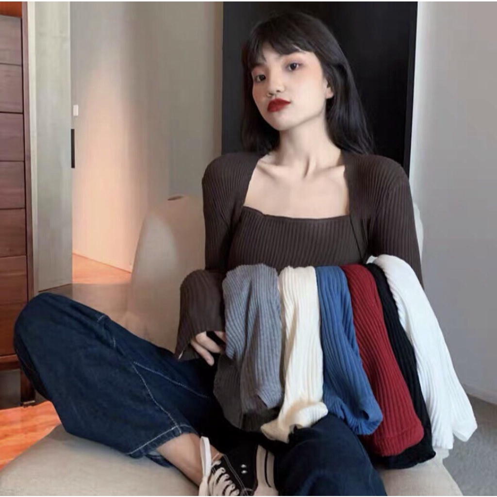 Áo len tăm dáng ôm cổ vuông phá cách phong cách Hàn Quốc kiểu ulzzang | BigBuy360 - bigbuy360.vn