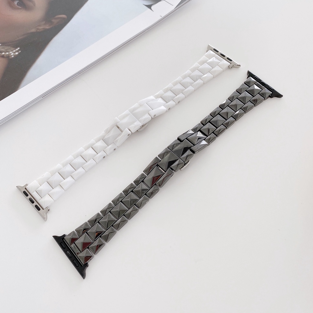 Dây Đeo Đồng Hồ Họa Tiết Hình Thoi Bằng Gốm Cho Apple Watch 38 40 41 42 44 45mm 7 SE 6 5 4 3 2 1