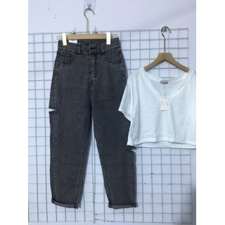 Quần jeans nữ baggy xám - Quần bò dáng baggy rách lệch cạp cao ống đứng - CM ...