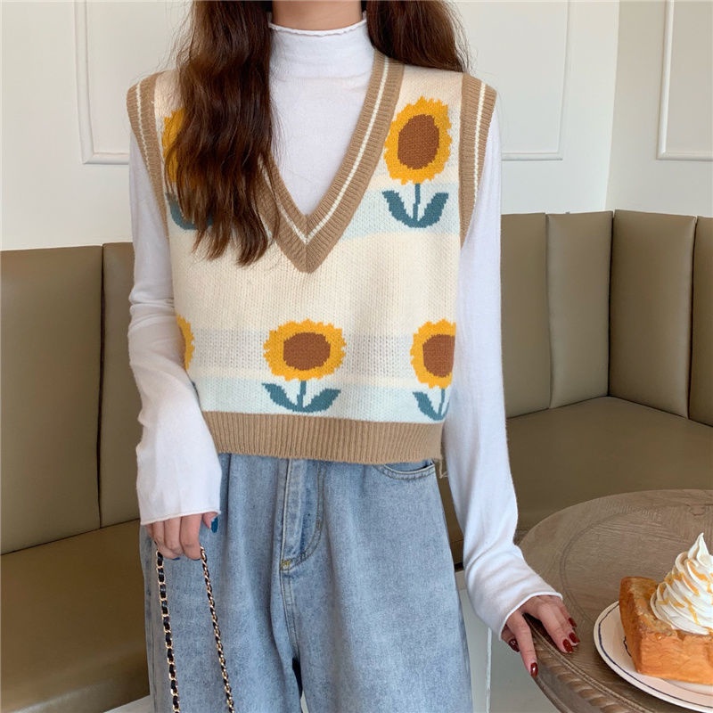 Áo khoác dệt kim dáng rộng họa tiết hoa hướng dương phối màu tương phản kiểu retro Hàn Quốc | BigBuy360 - bigbuy360.vn