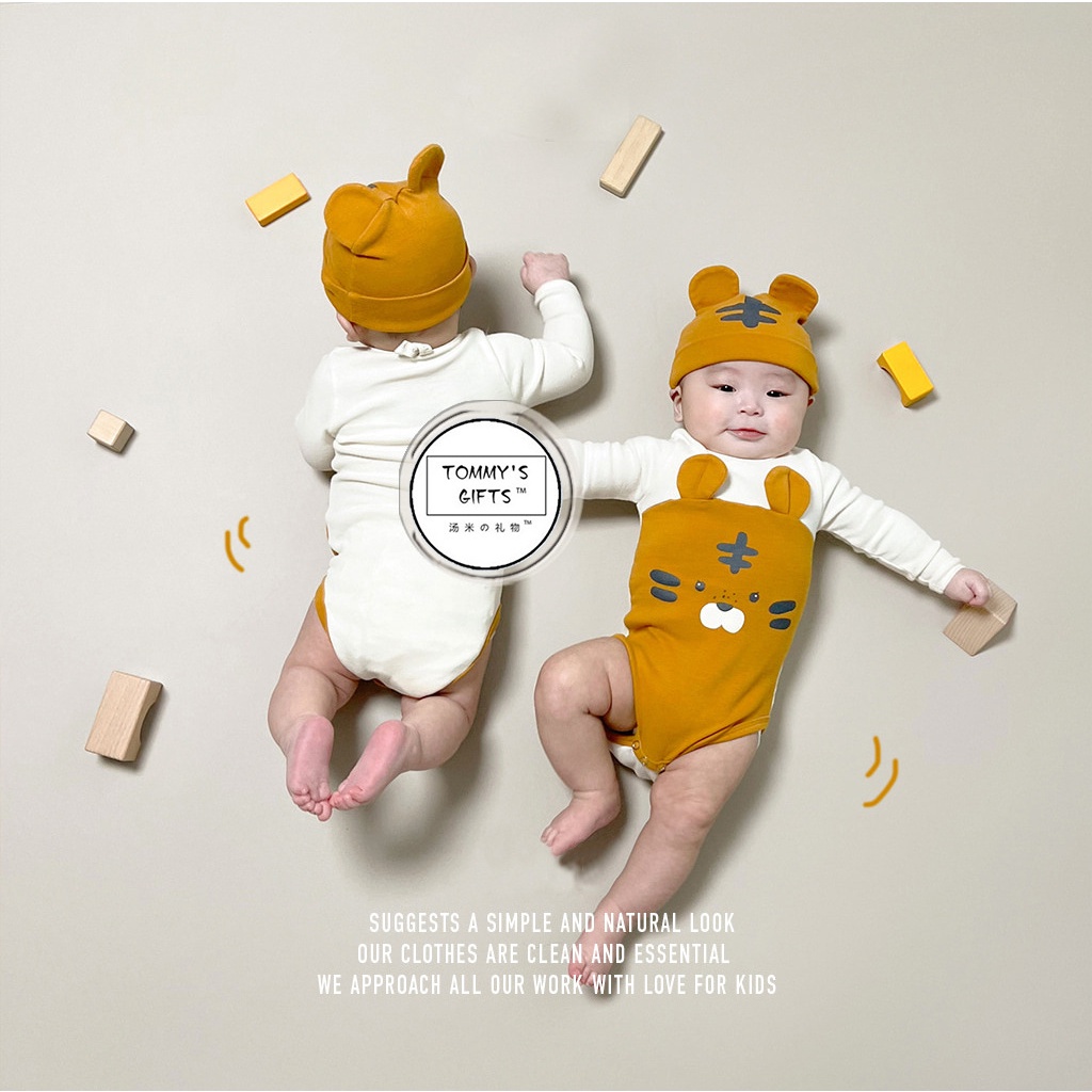 Set Áo Liền Quần + Nón Hình Hổ Bằng Vải Cotton Tay Dài Dễ Thương Cho Bé